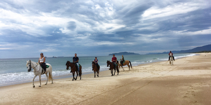 grupo de pessoas andando à cavalo na areia
