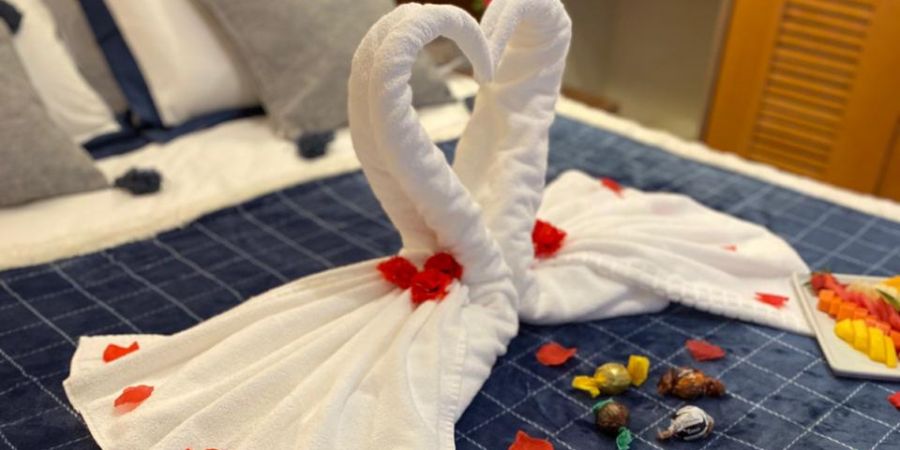 toalha em formato de cisne na cama