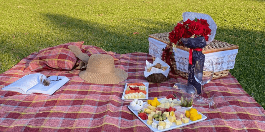 piquenique no gramado com toalha xadrez vermelha, comidas e bebidas